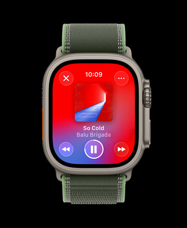 Apple Watch Ultra 3, titanium case, natural colour, Apple Music, workout playlist, controls, previous song, next song, pause, Trail Loop, green/neon colour