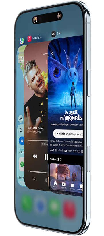 iPhone Air, face avant, profil, avec apps Plans, Apple Music et Apple TV+, illustrant le sélecteur d’app en cours d'utilisation