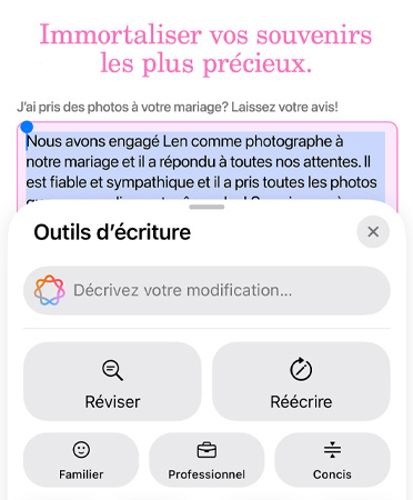 Outils d’écriture en cours d’utilisation avec les options pour réécrire, réviser et résumer ainsi que les styles style cordial, professionnel ou concis
