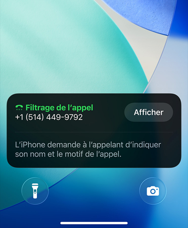 App d’iPhone montrant la fonctionnalité de filtrage d’appels en cours d'utilisation