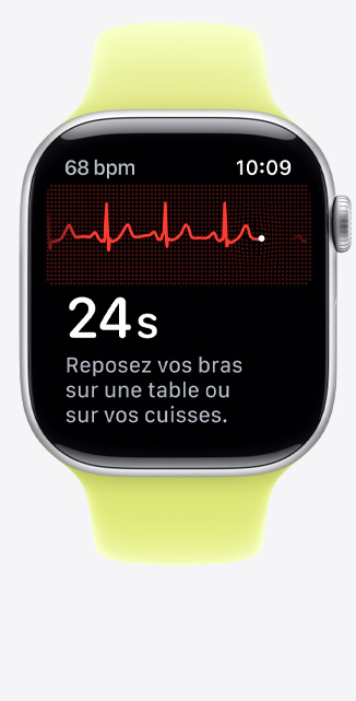 Apple Watch Series 11, boîtier en aluminium, argent, app ECG, battements par minute dans le coin supérieur droit, ligne de fréquence et minuterie au centre, bracelet sport, jaune fluo