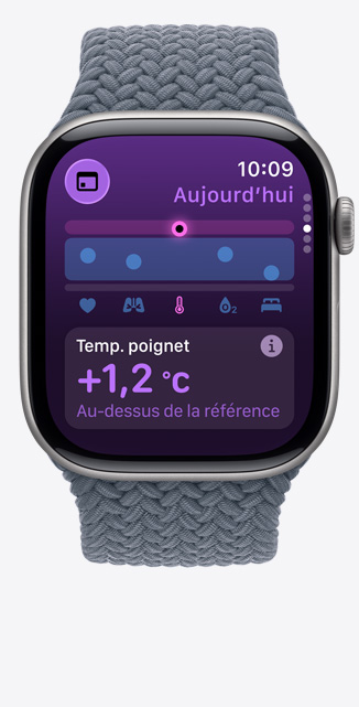 Apple Watch Series 11, boîtier en titane, ardoise, app Signes vitaux, tableau des données de santé, notification de température du poignet au-delà de la normale, côté droit, Digital Crown, bracelet solo tressé bleu nautique