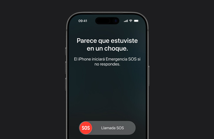 iPhone 17 Pro, parte frontal, esquinas redondeadas, funcionalidad Detección de Choques en uso