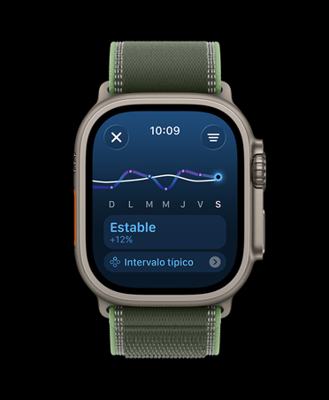 Apple Watch Ultra 3, color natural, caja de titanio, gráfica de líneas y calendario de Carga de Entrenamiento, correa Trail, verde/neón