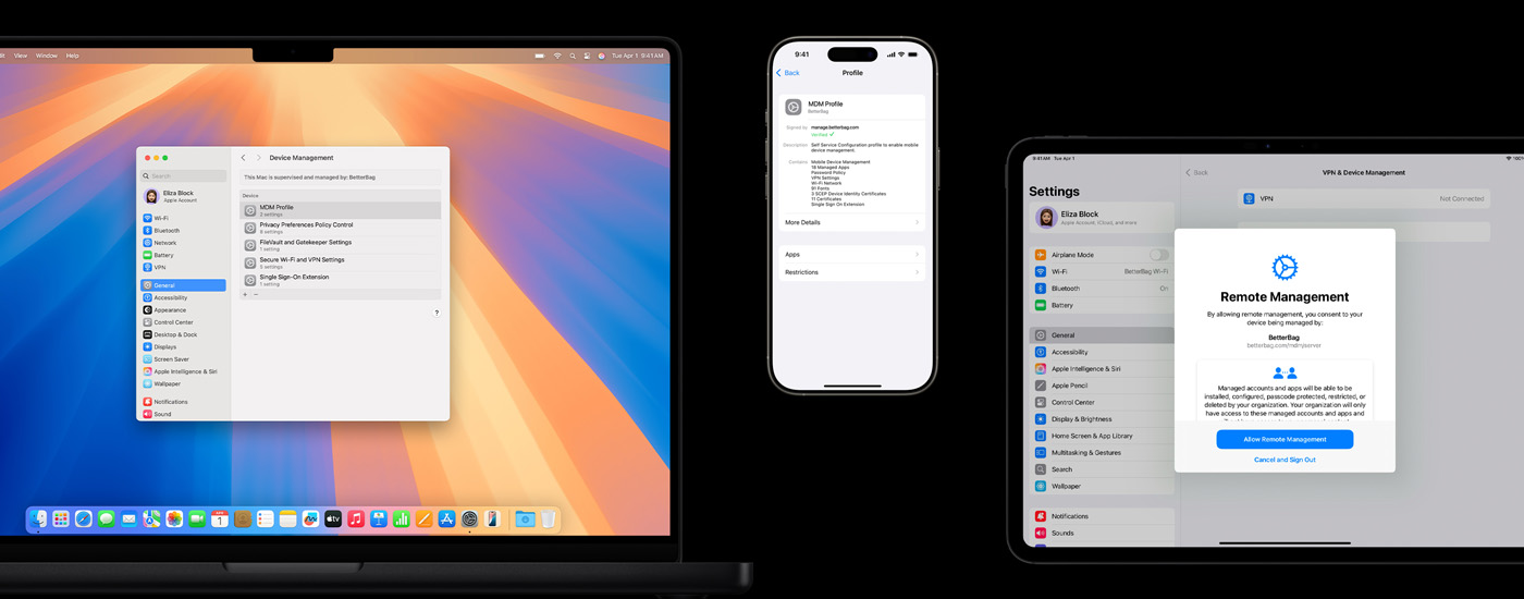 Tres dispositivos Apple: a la izquierda, un computador Mac que muestra una ventana de Administración de dispositivos. En el centro, un iPhone muestra la configuración de un perfil con MDM (Administración de dispositivos móviles). A la derecha, un iPad muestra una ventana de Administración Remota.