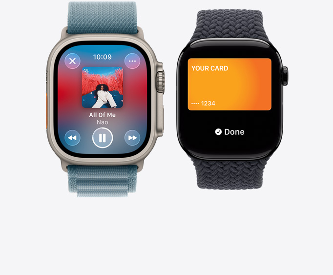 Apple Watch Ultra 3, titanové pouzdro, přírodní barva, aplikace Hudba, obrazovka Právě hraje, Apple Watch Series 11, pouzdro z leštěného klavírně černého hliníku, obrazovka Apple Pay, karta Apple Card