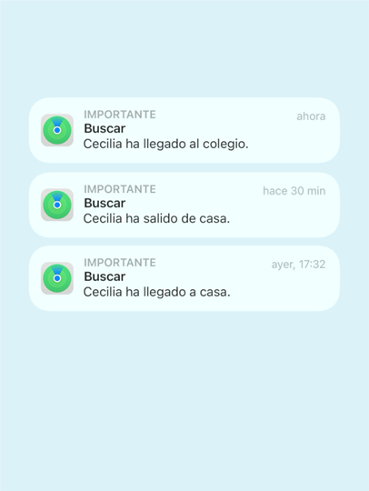 Las notificaciones de Buscar en el iPhone detallan los movimientos de una familia, con mensajes como «Cecilia ha llegado al colegio», «Cecilia ha salido de casa» o «Cecilia ha llegado a casa».