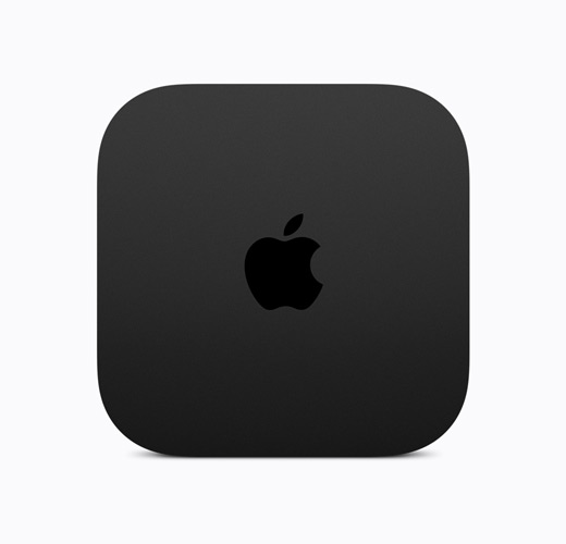 Apple TV 4K i svart, sett ovenfra, med en blank svart Apple TV-logo.