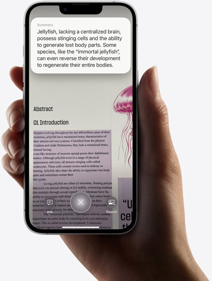 Een hand die een iPhone 16e vasthoudt waarop zoekresultaten met visuele AI staan.