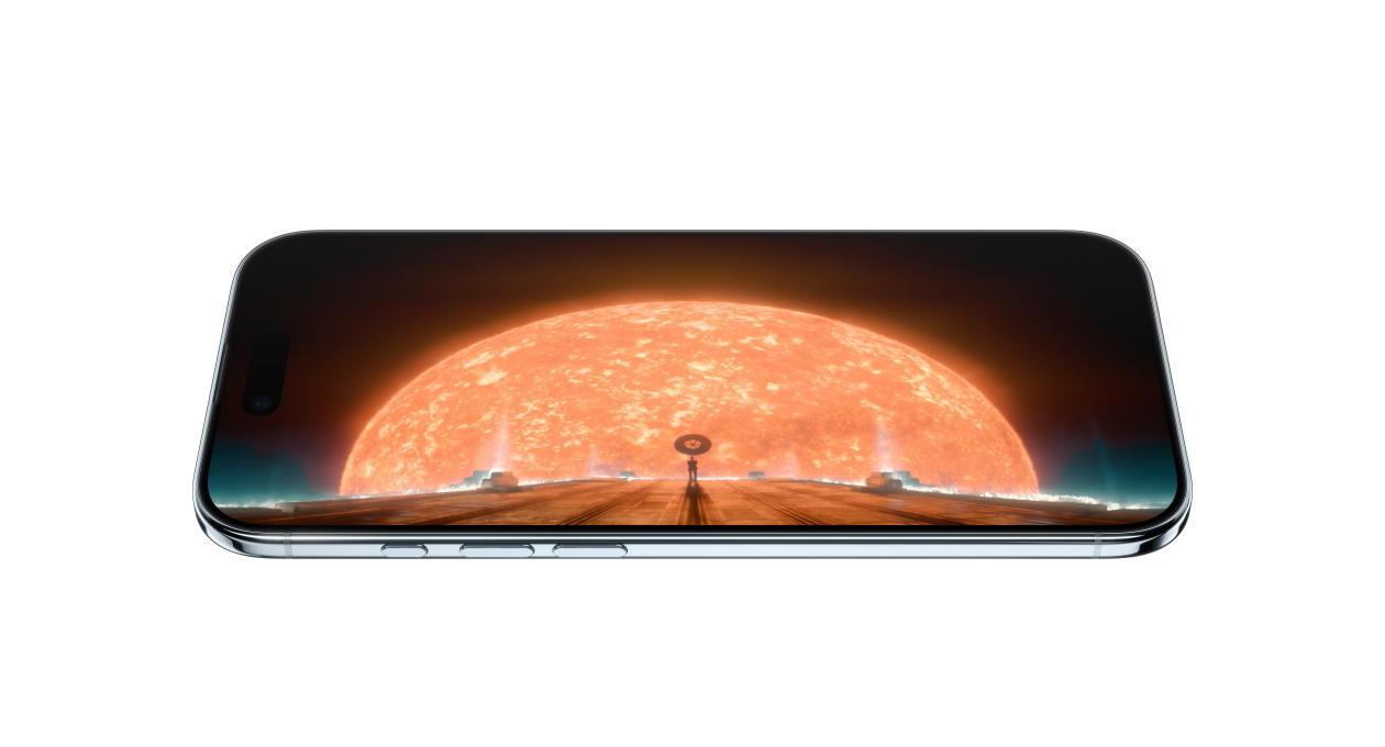 Vista frontal e lateral do iPhone Air, a mostrar uma imagem da série Fundação na Apple TV+