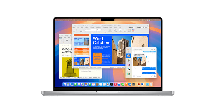 Demo av appar som Microsoft PowerPoint och Meddelanden på MacBook Pro M4.