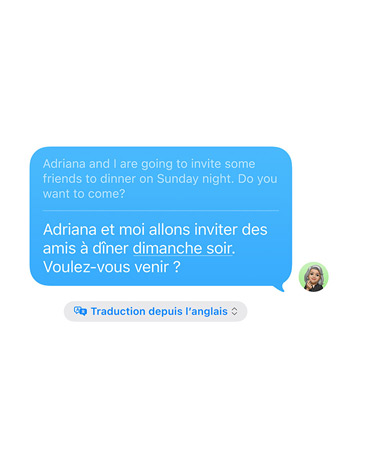 Fonctionnalité Traduction en direct en cours d’utilisation dans Messages affichant une traduction de l’anglais vers l’espagnol