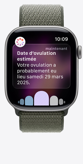 Apple Watch Series 11, Space Gray aluminum case color, Ovulation date esitmation notification from Cycle Tracking in Health app, Digital Crown, band, forest Sport Loop