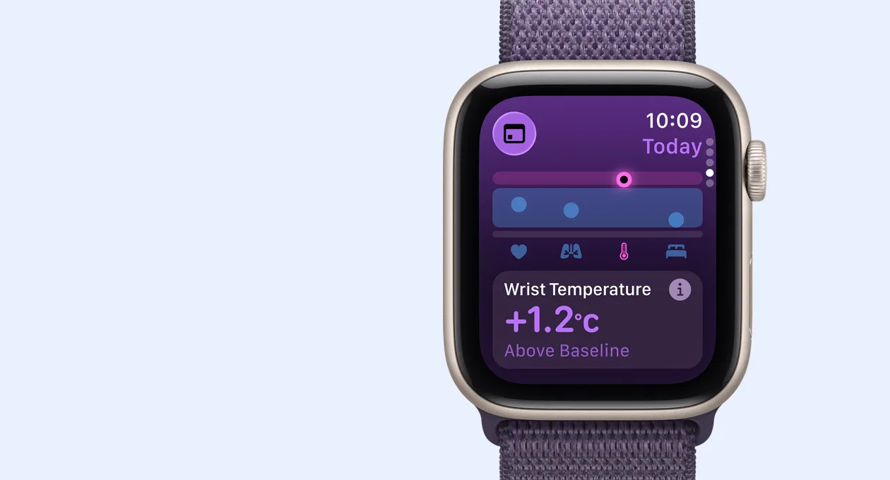 Apple Watch SE 3，採用星光色鋁金屬錶殼，螢幕展示睡眠分數圓圈圖表；機身右側設有數碼錶冠，配搭霧紫色運動錶帶