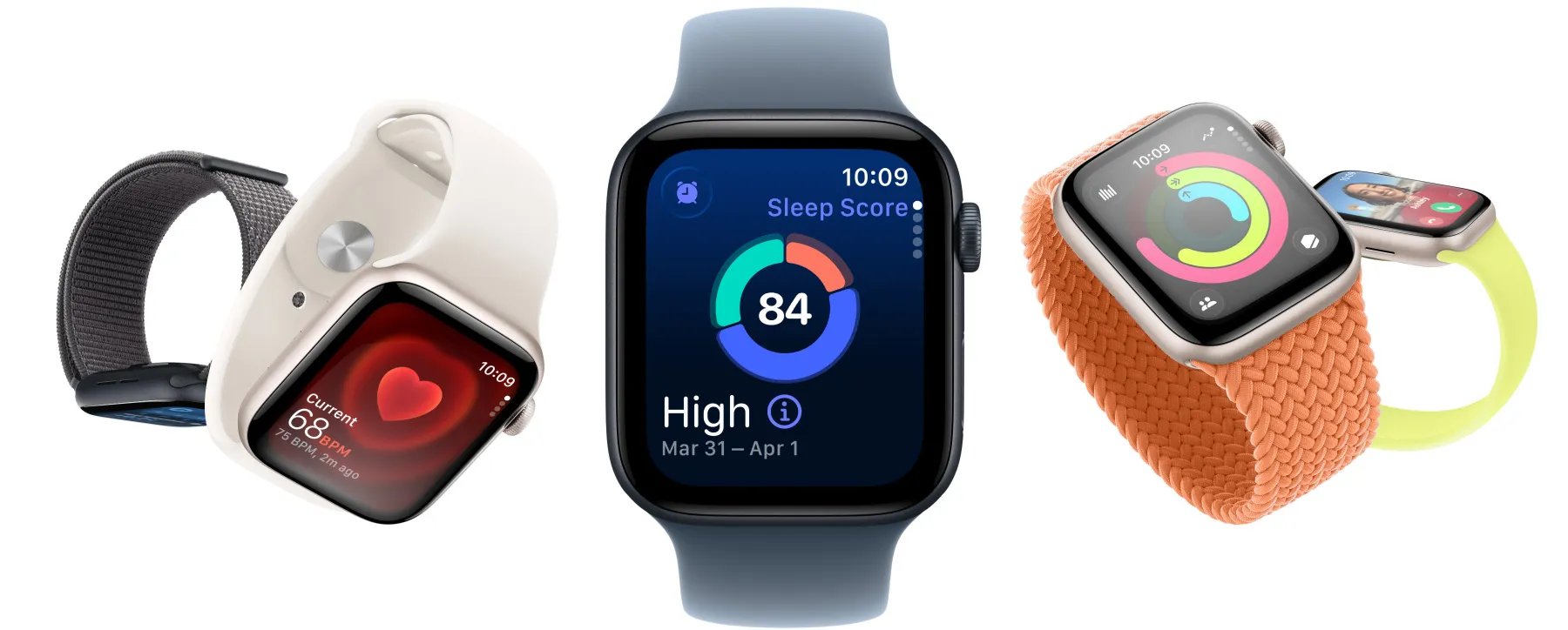 Apple Watch SE 3 裝置，採用星光色及午夜暗色鋁金屬錶殼，螢幕展示維生指數 app、心率 app、睡眠分數、健身記錄圓圈、來電