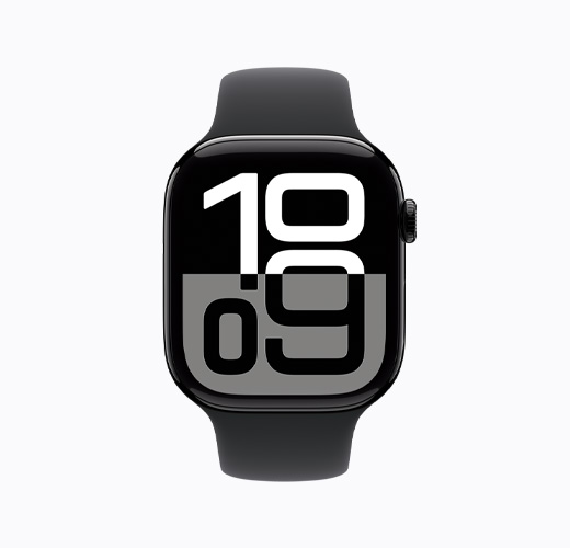 亮黑色鋁金屬錶殼的 Apple Watch Series 10， 側面外觀