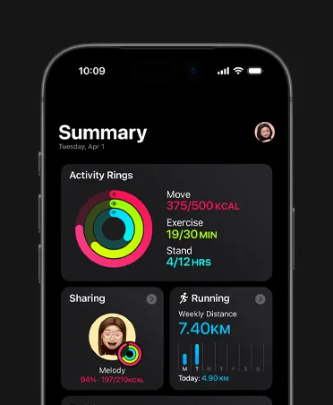 iPhone 17, Fitness summary, Activity rings, Move, Exercise, and Stand metrics, actvity sharing with friends, weekly Running stats, Training Load