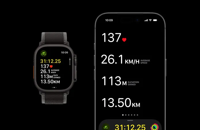 Apple Watch Ultra 3, black color, titanium case, Trail Loop, black/charcoal color,  iPhone, active workout metrics open on both devices
