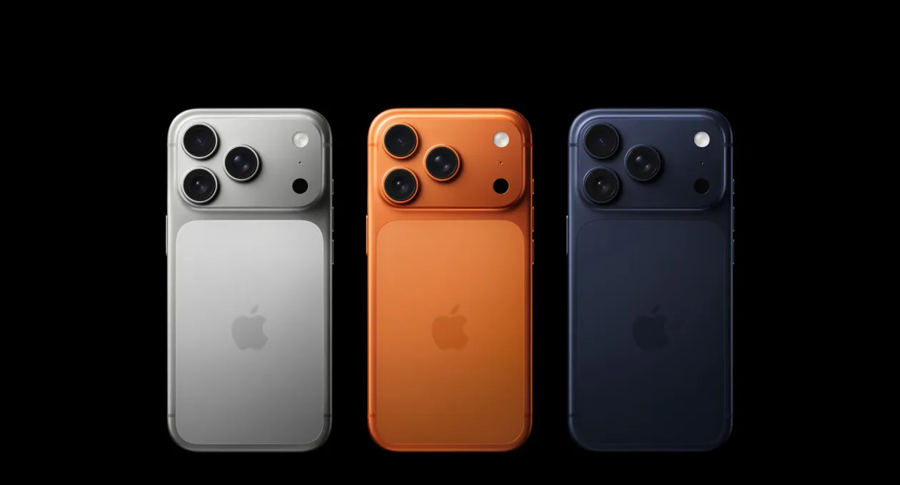 iPhone 17 Pro, back exterior, all three finishes, Silver, Cosmic Orange, Deep Blue, Pro camera system in top left corner, 3 lenses, microphone, flash, Apple logo in center