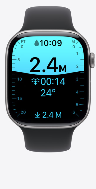 Apple Watch Series 11，太空灰鋁金屬錶殼，水深 app 顯示潛水至 2 點 4 米深