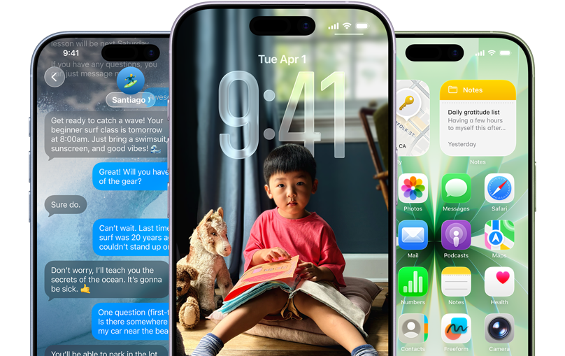 Perangkat iPhone 17, eksterior depan, warna: biru kabut, lavender, hijau sage, fitur iOS - Latar belakang dengan pesan, Liquid Glass yang memperlihatkan Layar Terkunci dan Layar Home dengan berbagai aplikasi yang ditampilkan