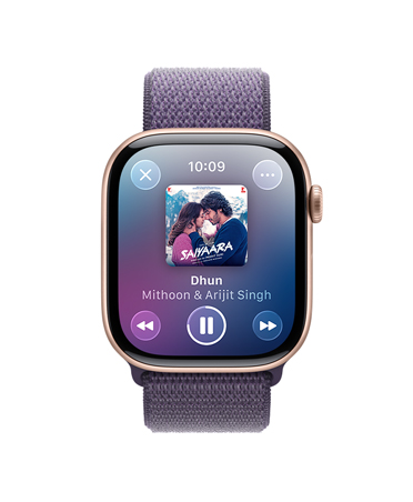 Apple Watch Series 11, rose gold colour, aluminium case, Apple Music controls, workout playlist, right side exterior, Digital Crown, strap, purple fog Sport Loop