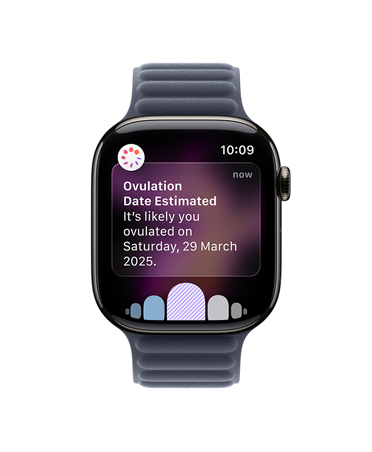Apple Watch Series 11, natural colour, titanium case, ovulation date estimation notification from Cycle Tracking in Health app, Digital Crown, strap, Magnetic Link, navy colour