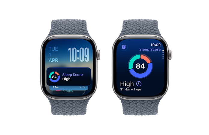 Apple Watch Series 11, space grey colour, aluminium case, Smart Stack hint, sleep score notification, right side exterior, Digital Crown, Braided Solo Loop, anchor blue color