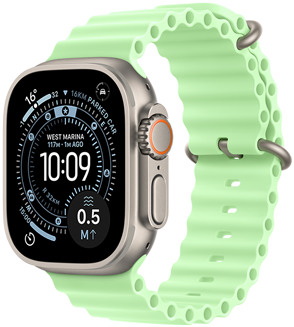 Apple Watch Ultra 3, natural colour, titanium case, Orienteering watch face, complications: UV Index, Activity, Satellite, Compass, right side exterior, Digital Crown, microphone, side button, Ocean Band, neon green colour