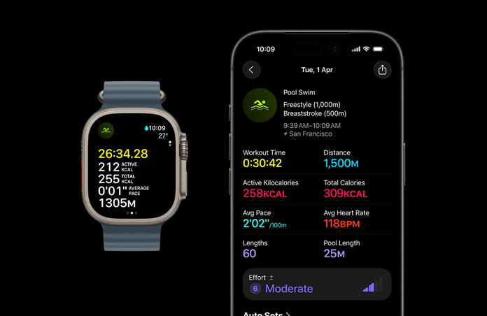 Apple Watch Ultra 3, natural colour, titanium case, Ocean Band, anchor blue colour, active Swim workout, larger workout metrics breakdown on iPhone