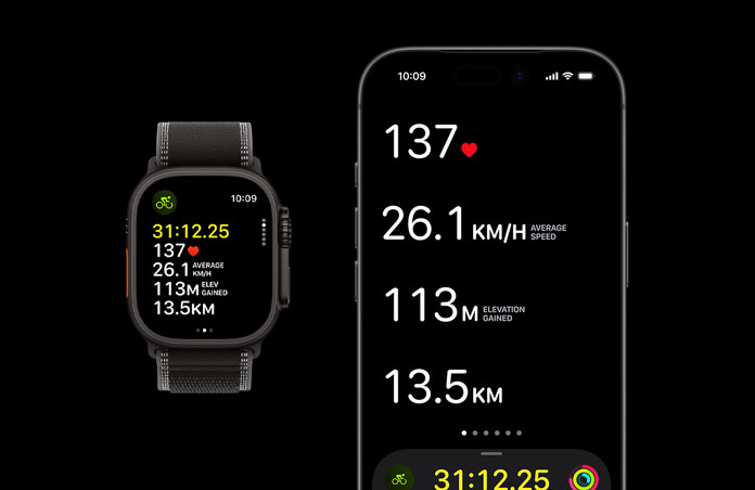 Apple Watch Ultra 3, black colour, titanium case, Trail Loop, black/charcoal colour, iPhone, active workout metrics open on both devices