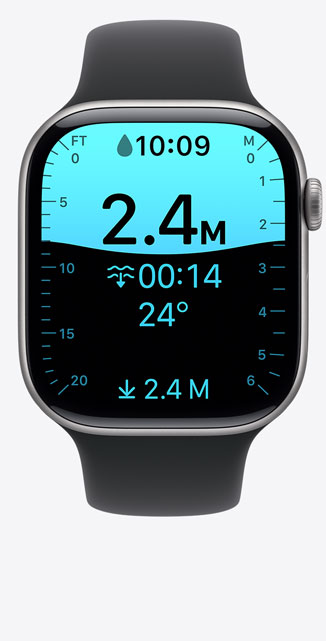 Apple Watch Series 11, alumninum case, rose gold color, Depth app screen, dive at 8 feet