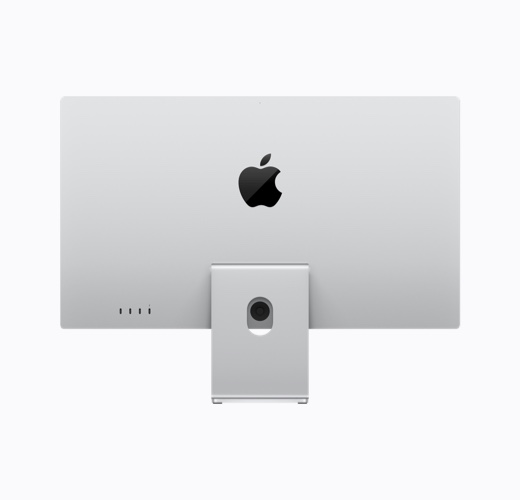 기울기 조절 스탠드를 장착한 Apple Studio Display, 실버 색상, 후면 외관, 중앙에 광택 나는 검은색 Apple 로고