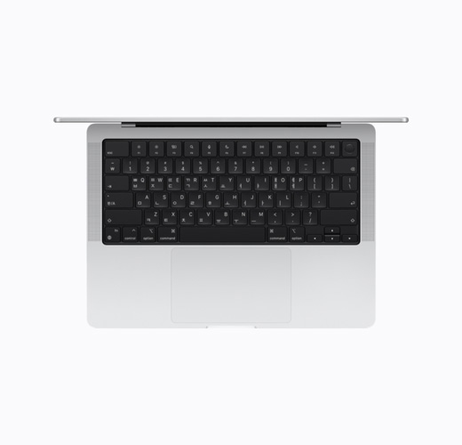 실버 색상, 열려 있는 MacBook, 상단부 모습
