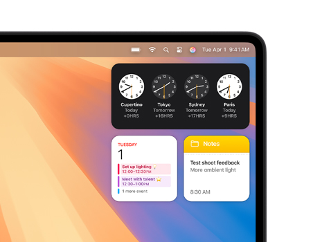 Various widgets on a Mac desktop including Clock, Calendar, and Notes.