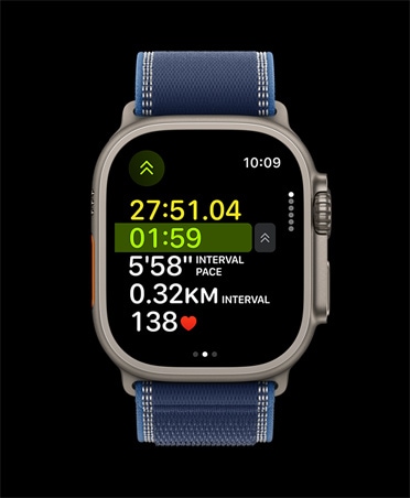 Apple Watch Ultra 3, natural color, titanium case, advanced Outdoor Run workout metrics, band, Trail Loop, blue bright blue color