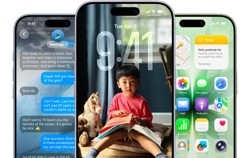 霧藍色、薰衣草紫色和鼠尾草綠色 iPhone 17 裝置機身正面，各自展示 iOS 功能，包括訊息對話背景、Liquid Glass 鎖定畫面，以及展示多款 app 的 Liquid Glass 主畫面