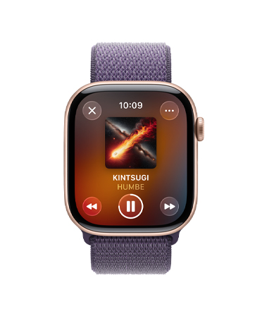 Apple Watch Series 11, color oro rosa, caja de aluminio, controles de Apple Music, playlist de entrenamiento, parte lateral derecha, Digital Crown, correa, loop deportiva morado niebla