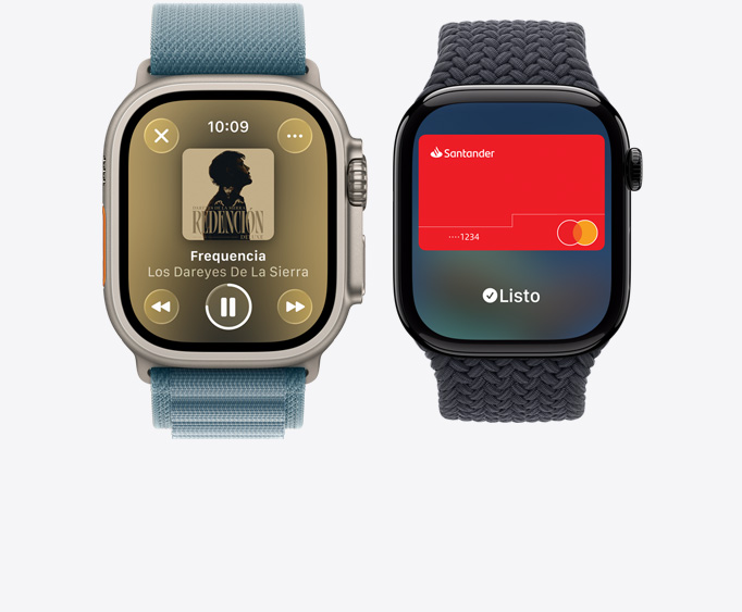 AApple Watch Ultra 3, caja de titanio, natural, app Apple Music, pantalla Ahora Suena, Apple Watch Series 11, caja de aluminio, negro azabache pulido, pantalla Apple Pay