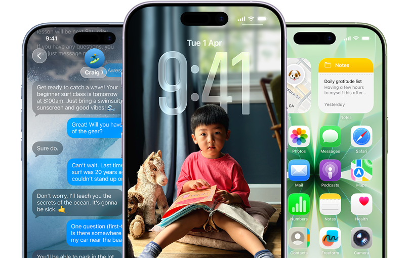 iPhone 17 devices, front exterior, colours: mist blue, lavender, sage, iOS features — Background with messages, Liquid Glass showing the Lock Screen and Home Screen with various apps displayed