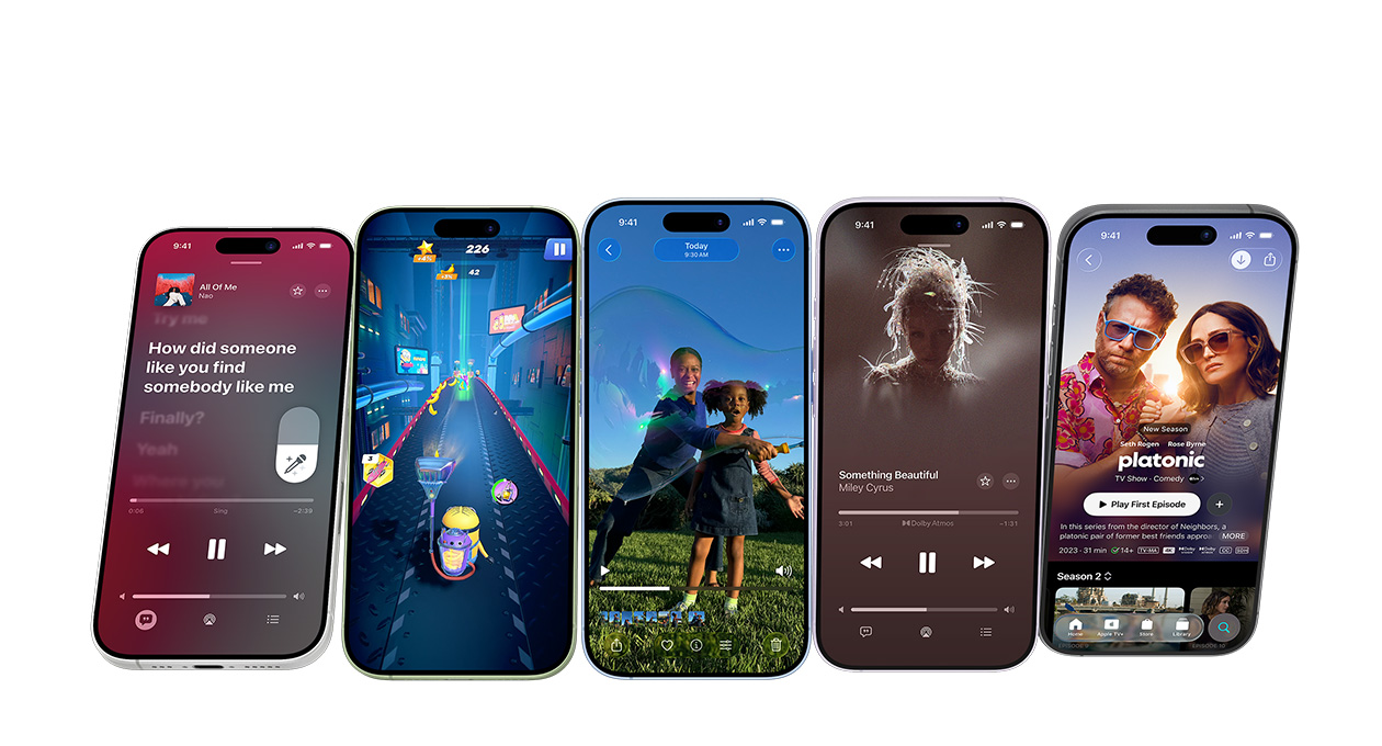 iPhone 17 devices in different colors, screens showing various apps