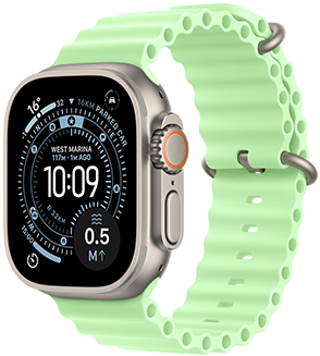 Apple Watch Ultra 3, natural colour, titanium case, Orienteering watch face, complications: UV Index, Activity, Satellite, Compass, right side exterior, Digital Crown, microphone, side button, Ocean Band, neon green colour