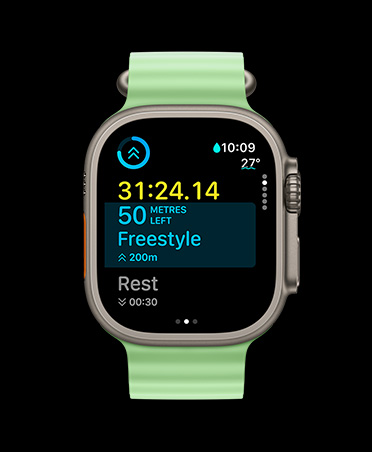 Apple Watch Ultra 3, natural colour, titanium case, Workout app, custom workout card, Up Next view, neon green Ocean Band