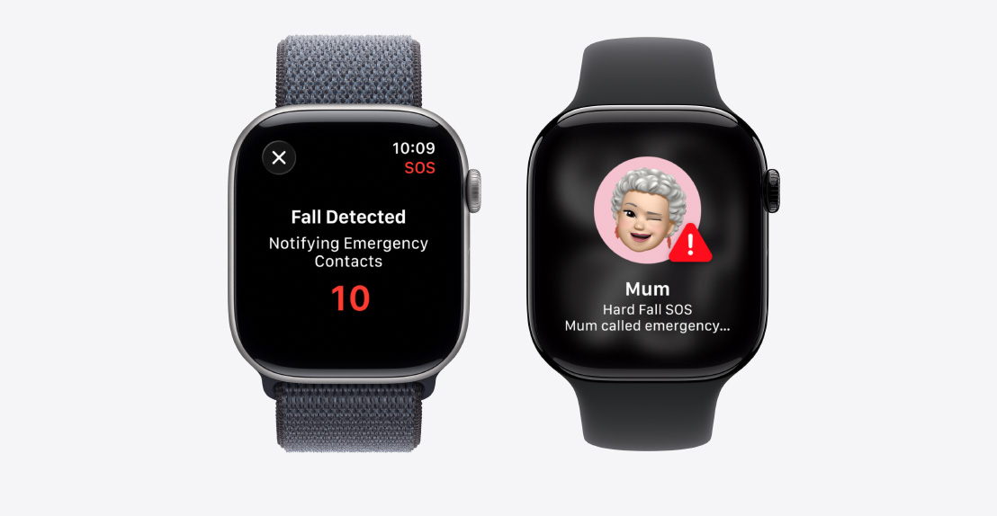 Apple Watch Series 11, Crash Detection notification, Emergency Call button, second notification reads: Mom took a hard fall and has called emergency services