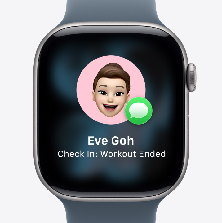 Apple Watch Series 11, aluminum case, silver color, Check In prompt, notification that friend finished their workout, Sport Band, anchor blue color