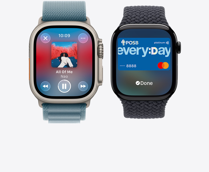 Front view of an Apple Watch Ultra 2 and Apple Watch Series 10 showing music playing.