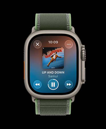 Apple Watch Ultra 3, titanium case, natural color, Apple Music, workout playlist, controls, previous song, next song, pause, Trail Loop, green/neon color