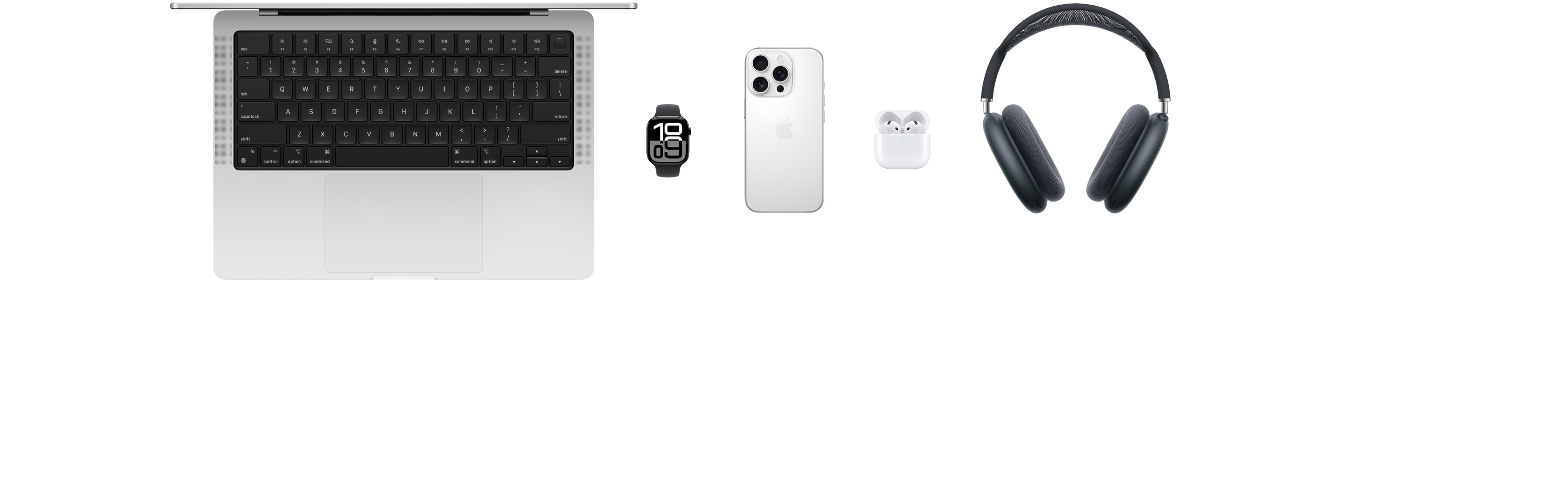 ผลิตภัณฑ์ Apple ที่หลากหลาย ได้แก่ MacBook, Apple Watch Series 10, iPhone 16 Pro, AirPods รุ่นที่ 4, AirPods Max, Apple Vision Pro, Apple Pencil Pro และ iPad Pro
