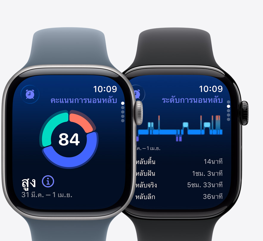 มุมมองด้านหน้าของ Apple Watch Series 10 สองเรือนแสดงหน้าจอระดับการนอนหลับและการแจ้งเตือนภาวะหยุดหายใจขณะนอนหลับที่เป็นไปได้