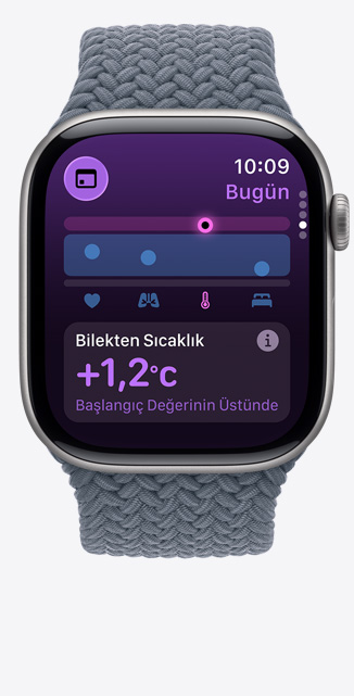 Apple Watch Series 11, titanyum kasa, arduvaz renk, Yaşam Bulguları uygulaması, sağlık skoru grafiği, referans değer üzerinde bilekten sıcaklık bildirimi, sağdan görünüm, Digital Crown, demir mavisi Örgü Solo Loop